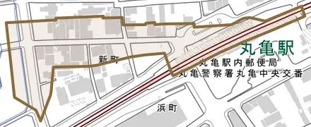 新町とその周辺の地図。町の範囲を重ねている