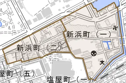 新浜町とその周辺の地図。町の範囲を重ねている
