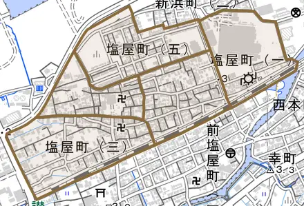 塩屋町とその周辺の地図。町の範囲を重ねている