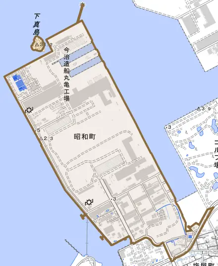 昭和町とその周辺の地図。町の範囲を重ねている