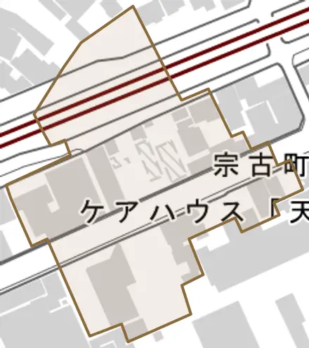 宗古町とその周辺の地図。町の範囲を重ねている