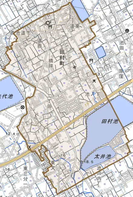 田村町とその周辺の地図。町の範囲を重ねている