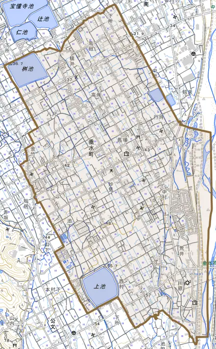 垂水町とその周辺の地図。町の範囲を重ねている