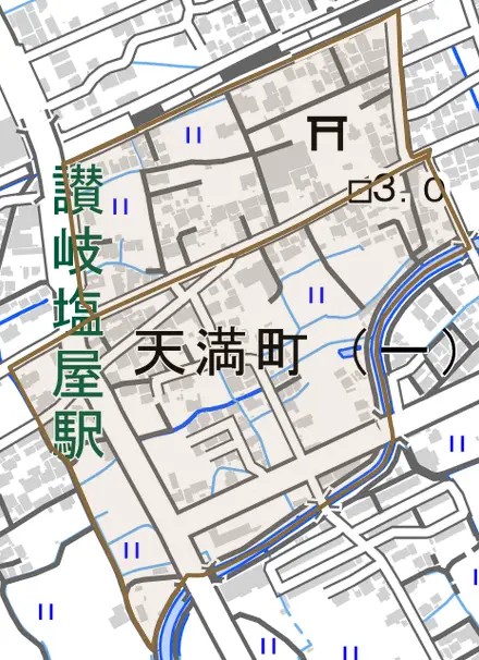 天満町とその周辺の地図。町の範囲を重ねている