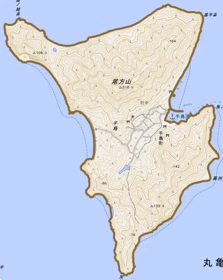 手島町とその周辺の地図。町の範囲を重ねている