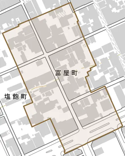 富屋町とその周辺の地図。町の範囲を重ねている