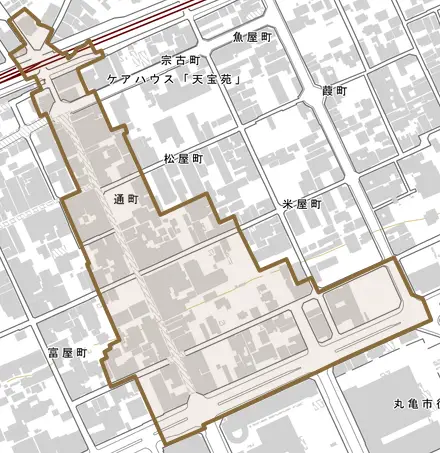 通町とその周辺の地図。町の範囲を重ねている