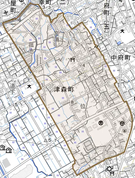 津森町とその周辺の地図。町の範囲を重ねている