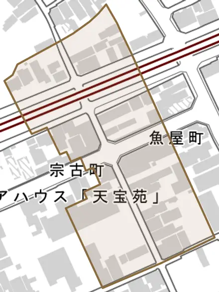 魚屋町とその周辺の地図。町の範囲を重ねている
