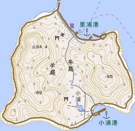 牛島とその周辺の地図。町の範囲を重ねている