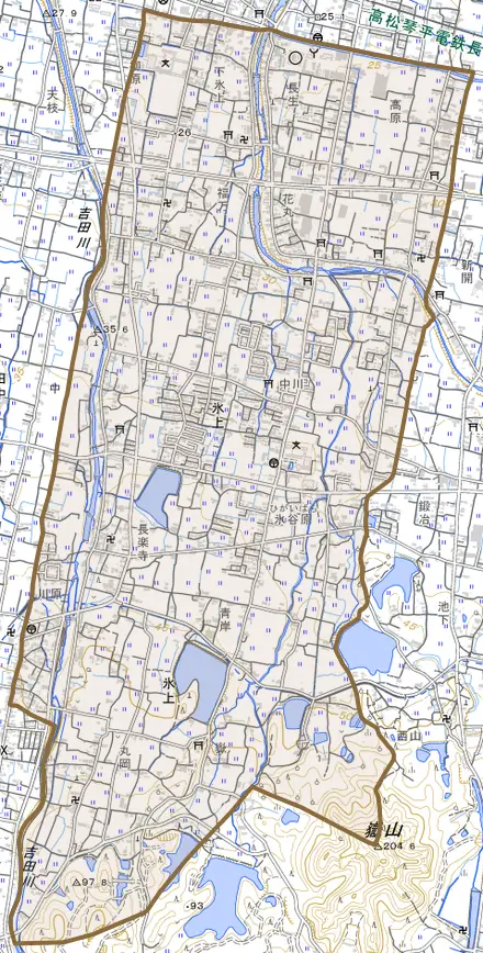 大字氷上とその周辺の地図。町の範囲を重ねている