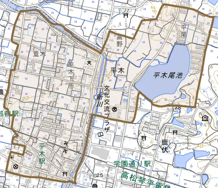 大字平木とその周辺の地図。町の範囲を重ねている