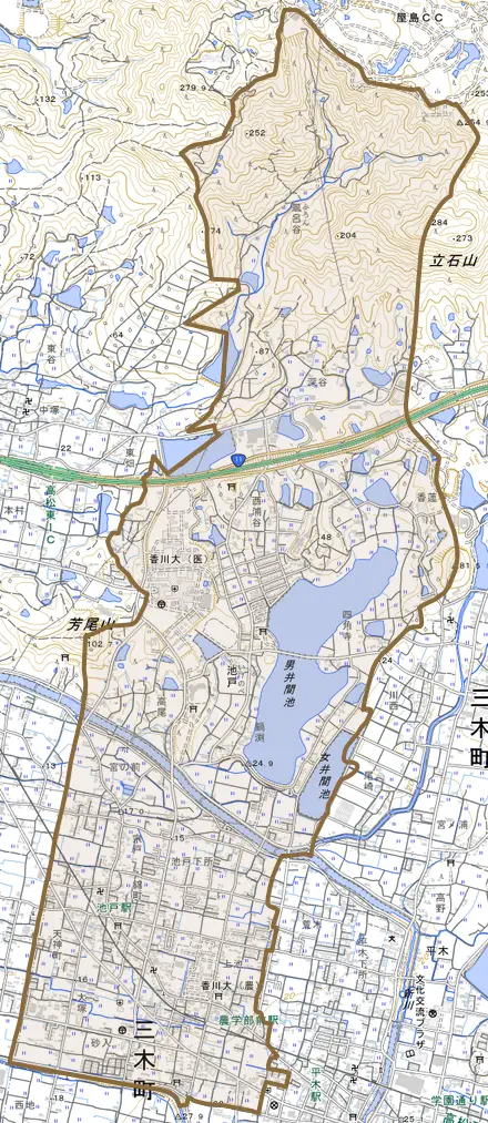 大字池戸とその周辺の地図。町の範囲を重ねている