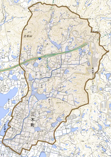 大字井上とその周辺の地図。町の範囲を重ねている