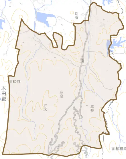 大字鹿庭とその周辺の地図。町の範囲を重ねている