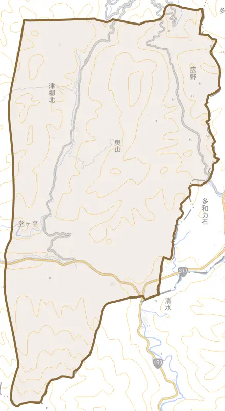 大字奥山とその周辺の地図。町の範囲を重ねている
