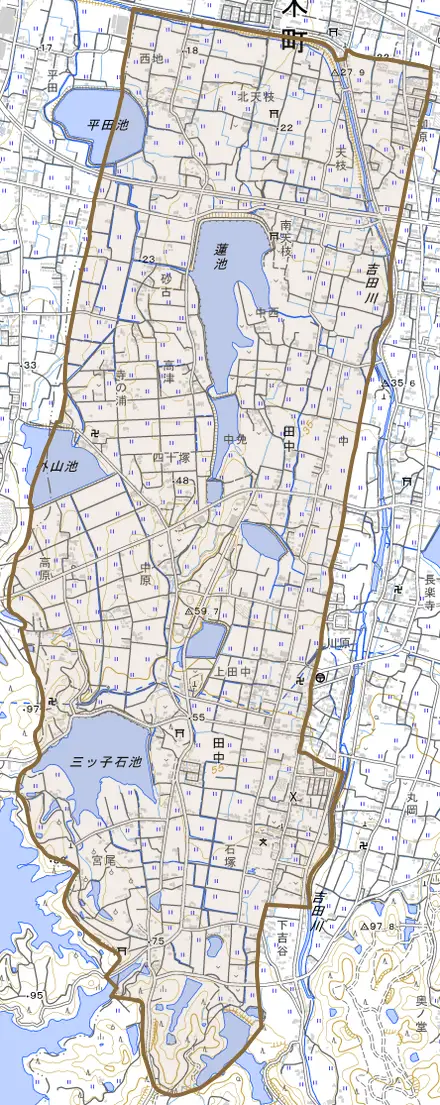 大字田中とその周辺の地図。町の範囲を重ねている