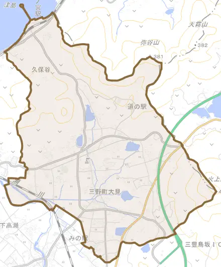 三野町大見とその周辺の地図。町の範囲を重ねている