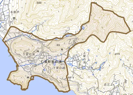 仁尾町家の浦とその周辺の地図。町の範囲を重ねている