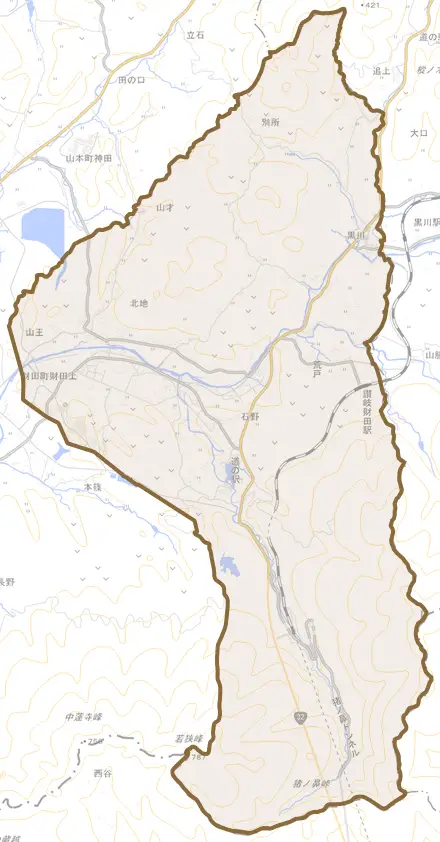財田町財田上とその周辺の地図。町の範囲を重ねている
