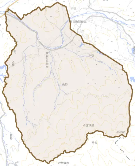 財田町財田中とその周辺の地図。町の範囲を重ねている
