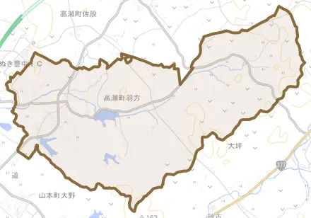 高瀬町羽方とその周辺の地図。町の範囲を重ねている