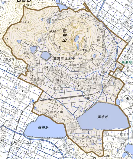 高瀬町比地中とその周辺の地図。町の範囲を重ねている