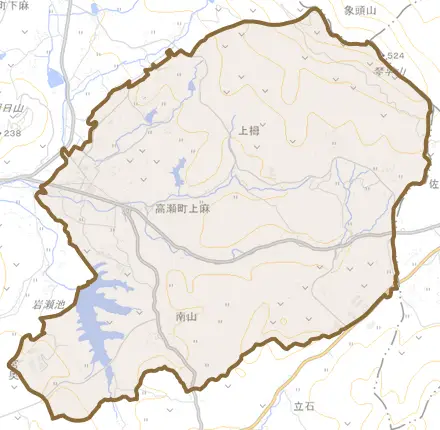 高瀬町上麻とその周辺の地図。町の範囲を重ねている