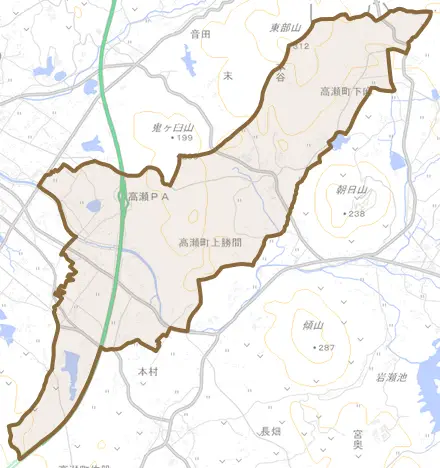 高瀬町上勝間とその周辺の地図。町の範囲を重ねている
