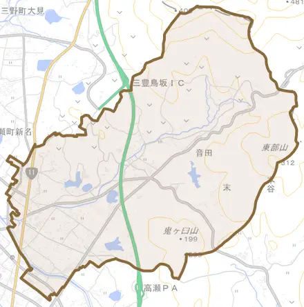 高瀬町上高瀬とその周辺の地図。町の範囲を重ねている