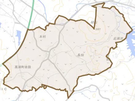 高瀬町佐股とその周辺の地図。町の範囲を重ねている