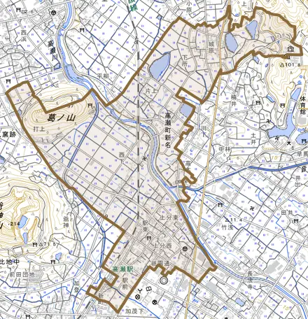 高瀬町新名とその周辺の地図。町の範囲を重ねている