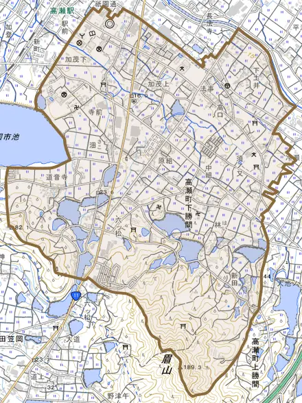 高瀬町下勝間とその周辺の地図。町の範囲を重ねている