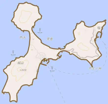 詫間町粟島とその周辺の地図。町の範囲を重ねている