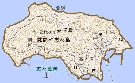 詫間町志々島とその周辺の地図。町の範囲を重ねている