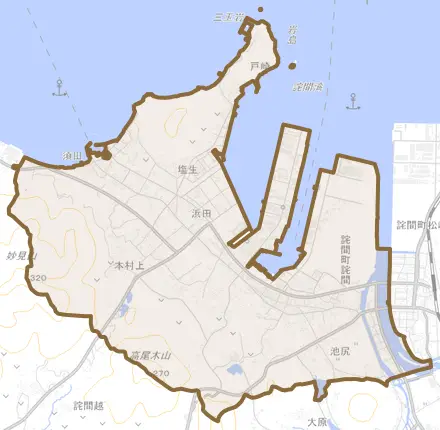 詫間町詫間とその周辺の地図。町の範囲を重ねている