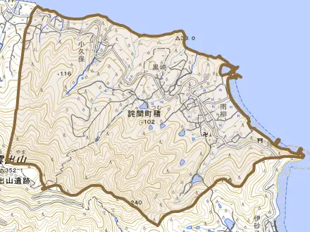 詫間町積とその周辺の地図。町の範囲を重ねている