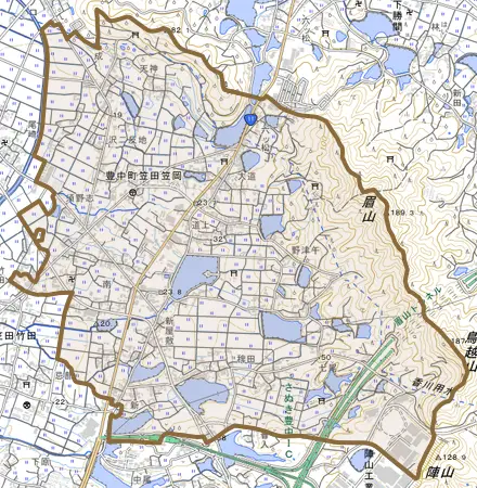 豊中町笠田笠岡とその周辺の地図。町の範囲を重ねている