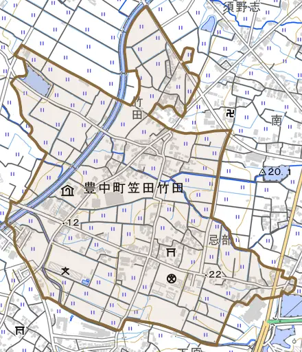 豊中町笠田竹田とその周辺の地図。町の範囲を重ねている