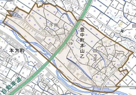 豊中町本山乙とその周辺の地図。町の範囲を重ねている