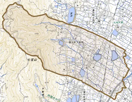豊中町下高野とその周辺の地図。町の範囲を重ねている