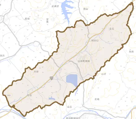 山本町神田とその周辺の地図。町の範囲を重ねている