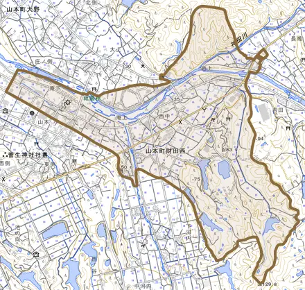 山本町財田西とその周辺の地図。町の範囲を重ねている