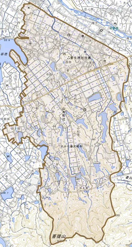 山本町辻とその周辺の地図。町の範囲を重ねている