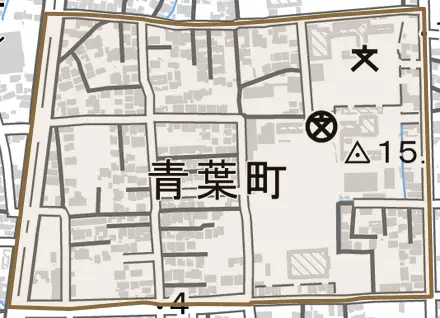 青葉町とその周辺の地図。町の範囲を重ねている