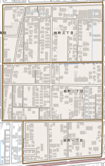 旭町とその周辺の地図。町の範囲を重ねている
