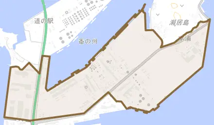 番の州町とその周辺の地図。町の範囲を重ねている