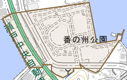 番の州公園とその周辺の地図。町の範囲を重ねている