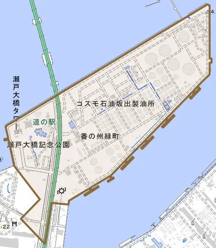 番の州緑町とその周辺の地図。町の範囲を重ねている