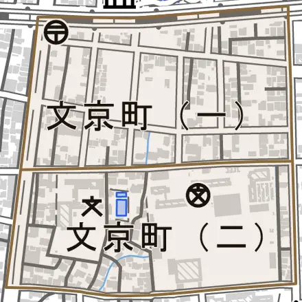 文京町とその周辺の地図。町の範囲を重ねている
